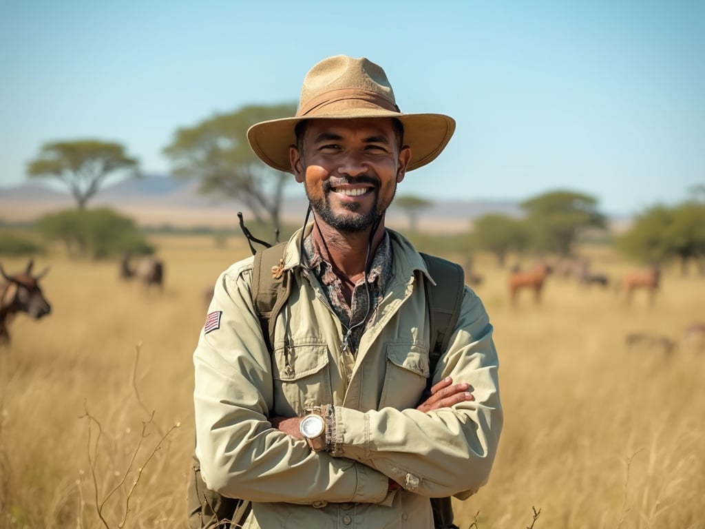 John, a 35-year-old Indian male, stands confidently in the lush landscape of Safari Kruger. He is wearing a light safari jacket and a wide-brimmed hat, reflecting the adventurous spirit of a wildlife enthusiast. The background features a beautiful savannah with acacia trees and hints of wildlife, embodying the thrill of a safari experience in South Africa, filled with vibrant nature and a clear blue sky.