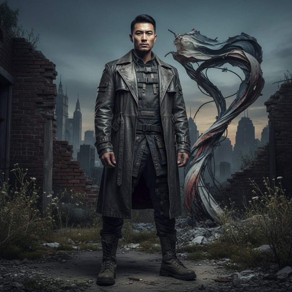 Michael, a strikingly intense 28-year-old Asian male figure, embodies the raw spirit of a modern-day warrior, standing in a desolate urban landscape resembling a haunting cityscape at dusk, surrounded by crumbling brick walls and wild overgrowth. He is dressed in a layered ensemble of distressed leather and industrial fabrics, featuring a rugged oversized trench coat in charcoal and matching combat boots. His commanding posture, with squared shoulders and a defiant gaze, exudes introspection and strength. The chiaroscuro lighting dramatizes his chiseled jawline and enhances the textures of his attire. Behind him, an abstract fabric sculpture swirls, evoking themes of conflict and resilience. This image captures the emotional depth of a dystopian narrative, perfect for a fashion editorial or gallery exhibit.