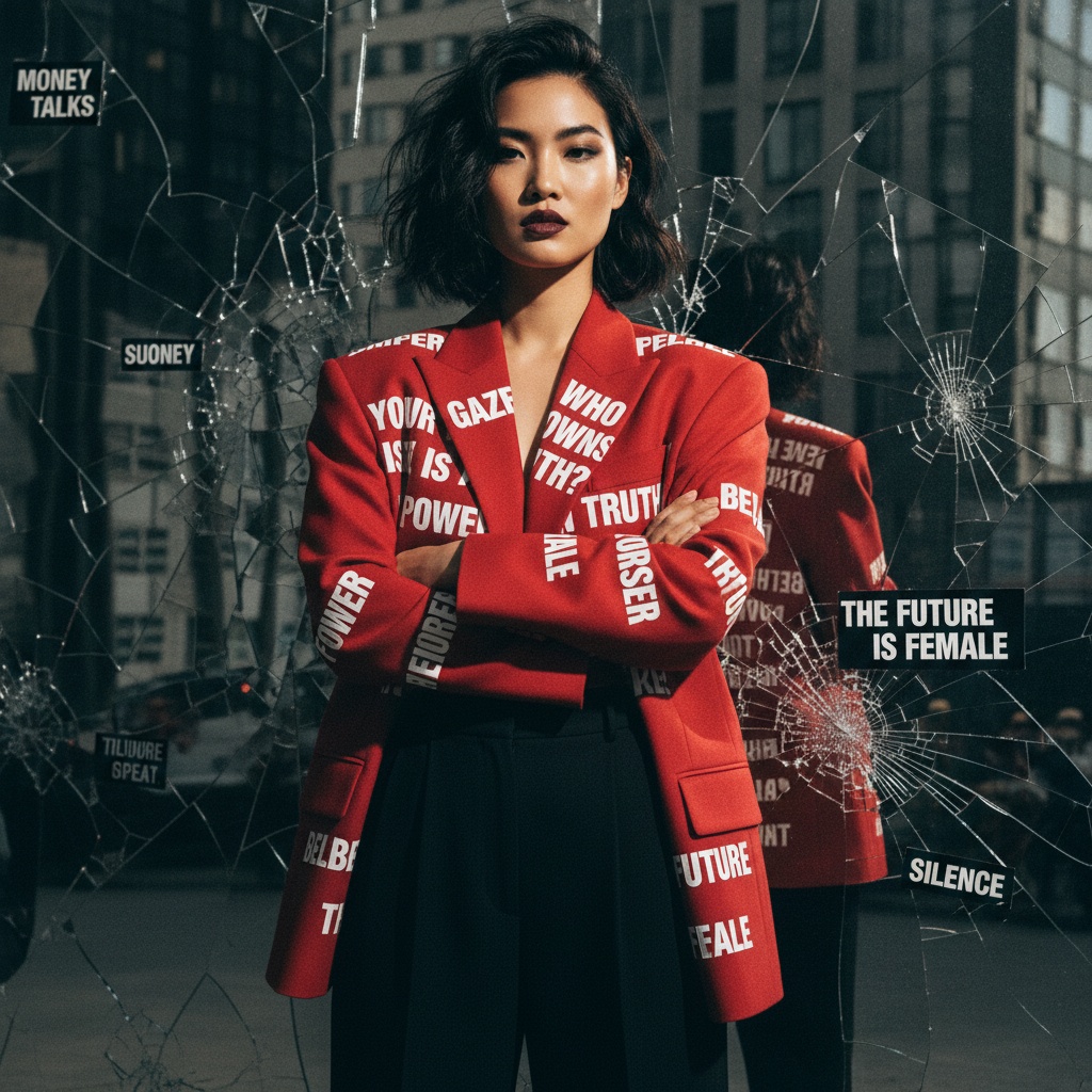 Sarah, a 23-year-old Asian female model, embodies the spirit of a contemporary heroine in a fashion editorial inspired by Barbara Kruger. She confidently wears a bold, oversized red wool blazer with sharp shoulders, paired with high-waisted black trousers. The jacket features provocative phrases in stark white, creating an arresting visual dialogue.

Her hair is tousled in a rebellious modern style, and her makeup boasts a strong brow and deep burgundy lips, exuding fierce empowerment. Captured against a backdrop of fragmented mirrors and text-heavy graphics that reflect social commentary, the dramatic lighting channels chiaroscuro to emphasize her features, creating sharp shadows that enhance the mystique. Her pose—arms crossed defiantly, gazing directly into the lens—suggests both vulnerability and resilience, challenging viewers to confront societal narratives.