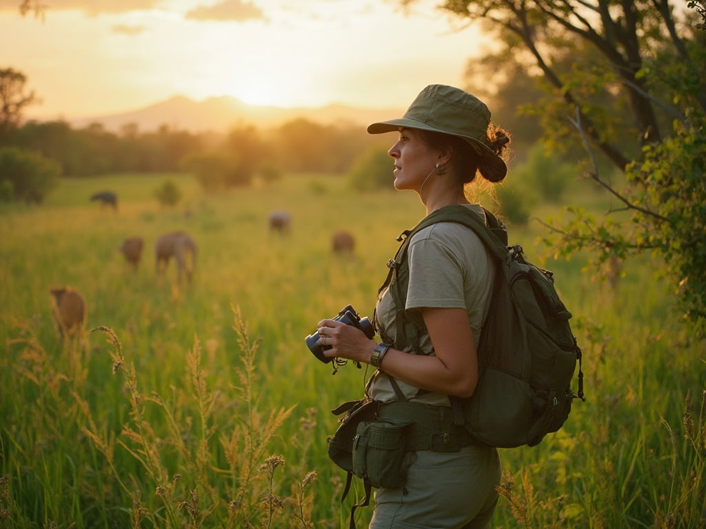Sarah, a 40-year-old Asian female, standing in the lush greenery of Safari Kruger, surrounded by the breathtaking wildlife of South Africa. She is dressed in comfortable safari attire, keenly observing the landscape with binoculars in hand. The scene captures the essence of adventure and exploration, with hints of wildlife peeking through the foliage and the warm African sun illuminating the area, highlighting Sarah’s spirit for adventure. The background is vivid with African flora and fauna, enhancing the safari experience.