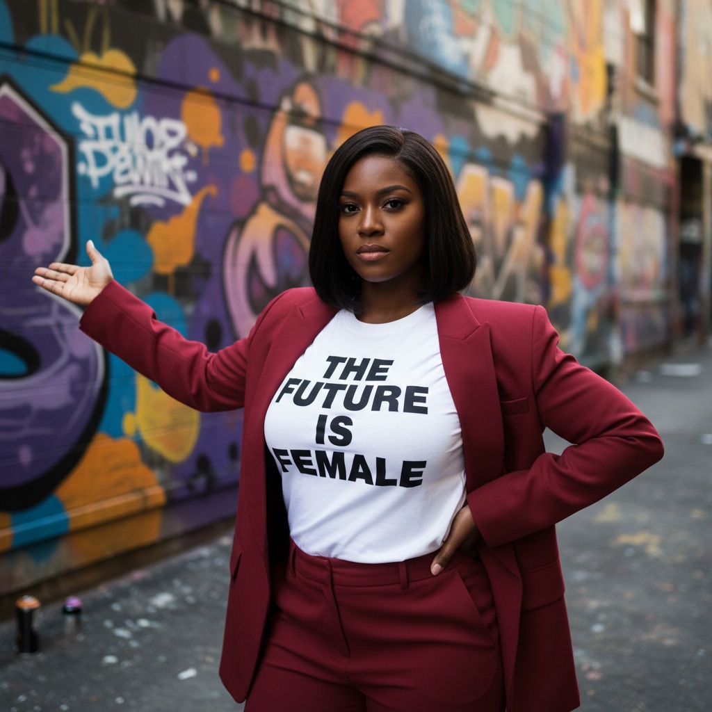Sarah, a striking black woman aged 22, stands in a bold and provocative pose in a gritty urban alleyway adorned with colorful street art. She wears a sharp, oversized crimson blazer layered over a stark white graphic tee with a powerful statement in bold black type, echoing contemporary feminism. Her sleek bob frames her face, highlighting her defiant expression. Dynamic lighting accentuates her features while a shallow depth of field blurs the vibrant graffiti background, focusing on her commanding presence. One hand rests confidently on her waist, while the other extends outward, inviting dialogue and evoking emotions of empowerment and social consciousness, reminiscent of the iconic art of Jenny Holzer and Barbara Kruger.