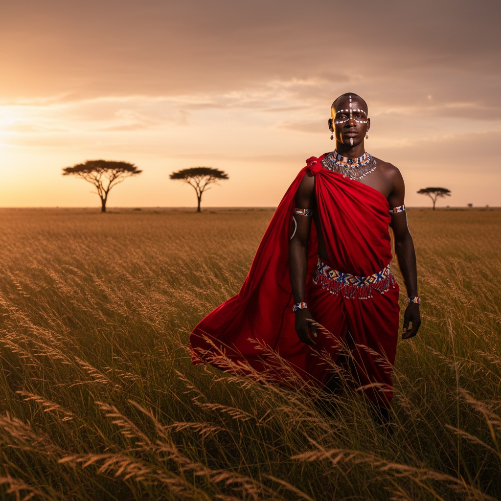 David, a striking male figure aged 29, embodies the spirit of the Maasai Mara in a breathtaking outdoor portrait. Clad in a traditional red shuka adorned with intricate beadwork, he stands strong amidst the vast savannah with golden grasses swaying around him, reflecting the warm hues of the setting sun. His face, marked with tribal paint, conveys deep cultural heritage, showcasing both pride and resilience. The chiaroscuro lighting highlights the contours of his muscular form, while dramatic shadows cast by the setting sun create an atmosphere of raw beauty. Acacia trees punctuate the horizon, enhancing the connection to the land, and the composition follows the rule of thirds for movement and intimacy. This image resonates with cultural significance, inviting engagement with the beauty of indigenous identity.