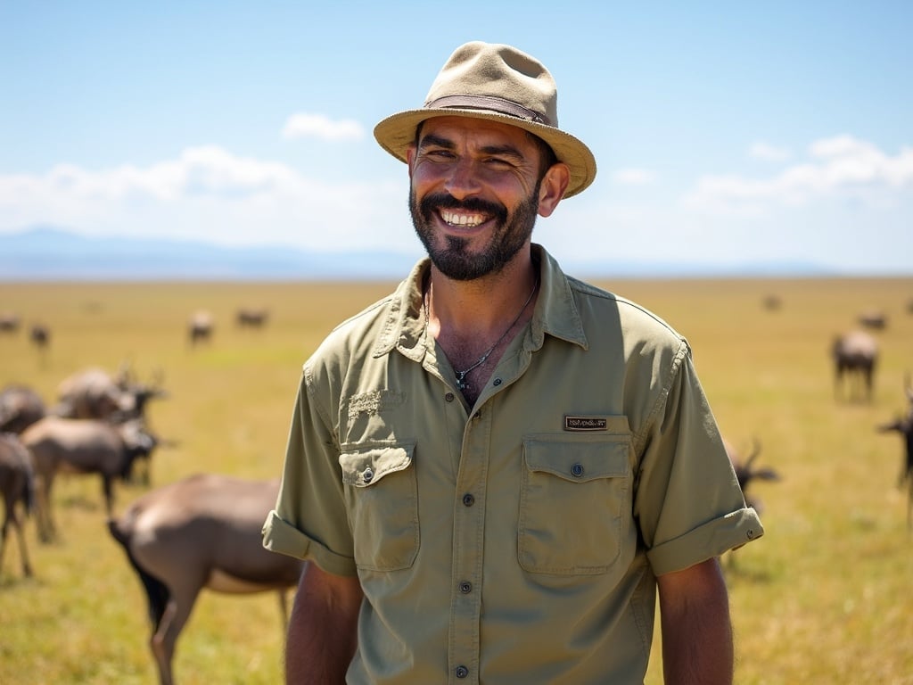John, a 30-year-old Latin male, standing confidently in the vibrant setting of Safari Maasai Mara. He is dressed in comfortable safari attire appropriate for wildlife viewing, with a broad smile on his face. The backdrop showcases the expansive savannah, wildebeests grazing nearby, and a clear blue sky, embodying the adventure and beauty of the African plains. The scene captures John's connection to nature and the thrill of the safari experience.