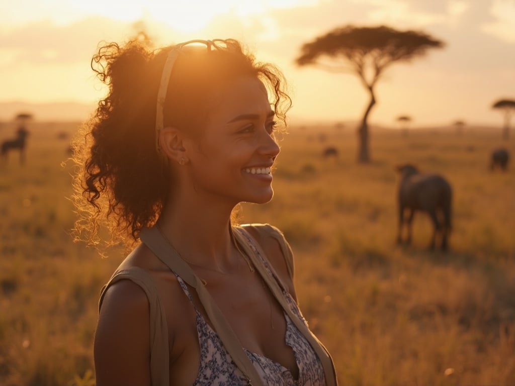 Olivia, a 30-year-old Latina female, is portrayed on a safari in the Maasai Mara. She is dressed in lightweight, stylish safari attire, smiling as she observes the stunning wildlife around her, with iconic acacia trees and expansive savannah in the background. The scene captures the beauty of the African ecosystem, with a vibrant atmosphere reflecting the adventure and thrill of wildlife exploration, enhanced by the golden hues of the setting sun.