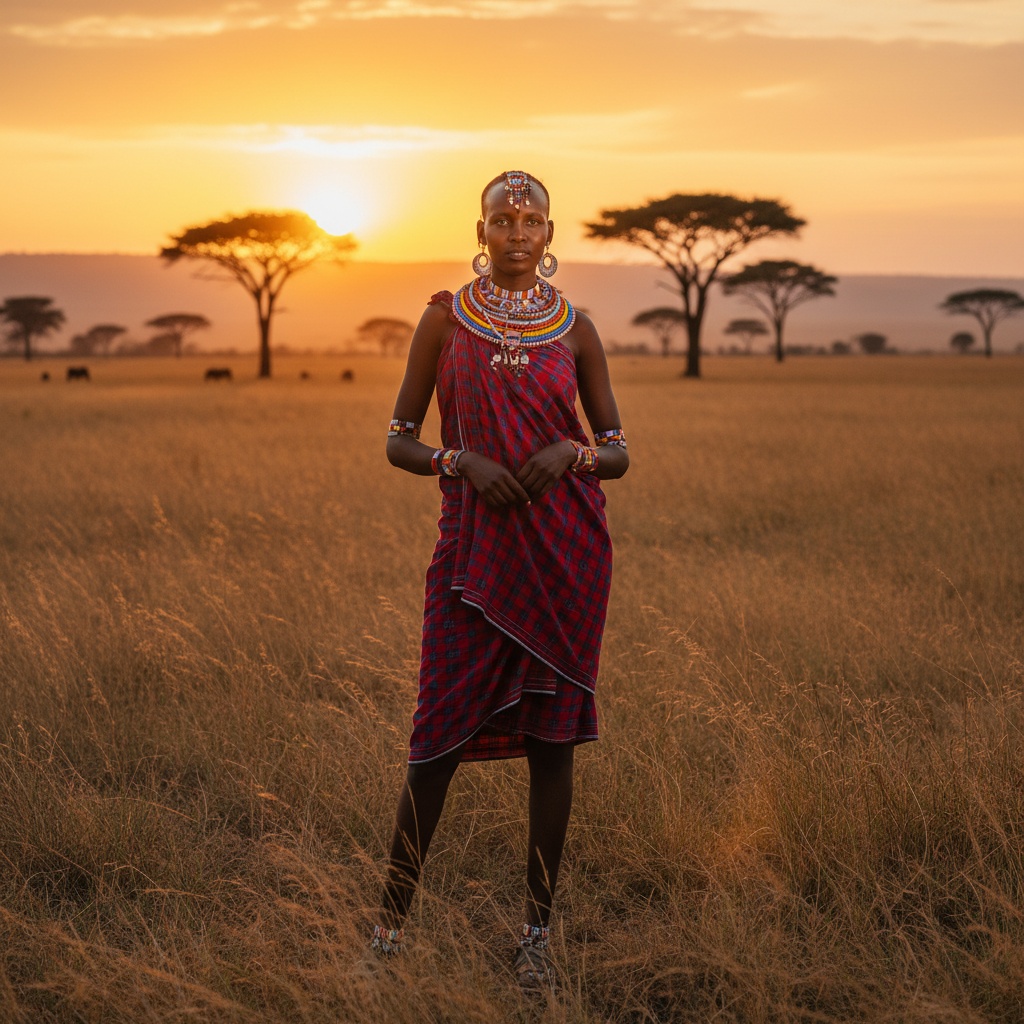 Sarah, a stunning 23-year-old Maasai woman, standing gracefully in the heart of the Maasai Mara. She embodies strength and elegance, with sun-kissed skin glowing against the vibrant savannah. Dressed in a traditional shuka adorned with red and blue patterns and layered necklaces of colorful beads, she radiates both culture and contemporary style. With one leg forward and hands clasped at her waist, she presents a regal poise. The setting sun behind iconic acacia trees creates a breathtaking backdrop with warm golden hues, enhancing the beauty of this tranquil yet powerful image. The shallow depth of field isolates her against the blurred horizon, highlighting her connection to both nature and her heritage, while also inviting viewers to reflect on the beauty of tradition and strength.