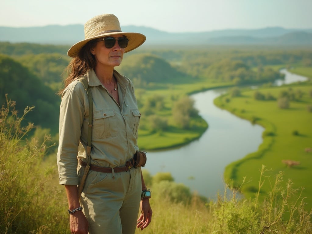 Emily, a 40-year-old Indian female, is depicted in the lush, vibrant setting of the Okavango Delta safari. She is wearing a light, practical safari outfit suitable for the wilderness, with a wide-brimmed hat to shield herself from the sun. The background features rich green landscapes, winding waterways, and hints of wildlife, capturing the essence of adventure and connection with nature.