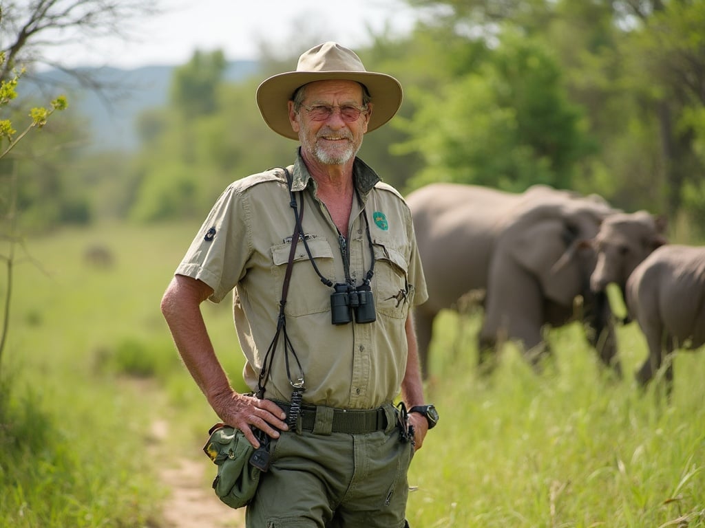 John, a 35-year-old white male, standing confidently in the lush setting of the Okavango Delta during a safari. He is dressed in casual safari attire, including a wide-brimmed hat and cargo pants, with binoculars hanging around his neck. The background features vibrant greenery and wildlife typical of the Delta, embodying the spirit of adventure and exploration. The scene is sunlit, capturing the essence of an African safari experience. The image reflects John's connection to nature and the thrill of wildlife observation.