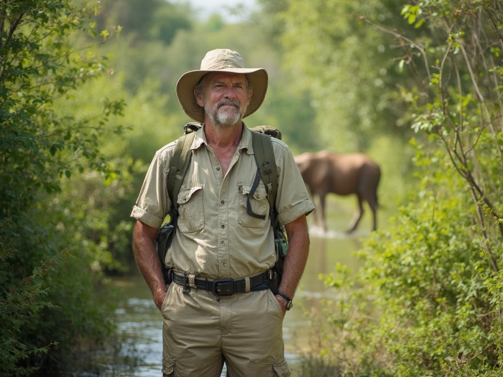 Michael, a 40-year-old white male, stands in the lush setting of the Okavango Delta during a safari. He is dressed in adventure gear, including a light khaki shirt and cargo shorts, ready for exploration. Surrounding him are the vibrant greens of the delta, with diverse wildlife partially visible in the background, showcasing the beauty and richness of this unique ecosystem. The scene conveys a sense of adventure and connection with nature, perfectly suited to the safari experience.