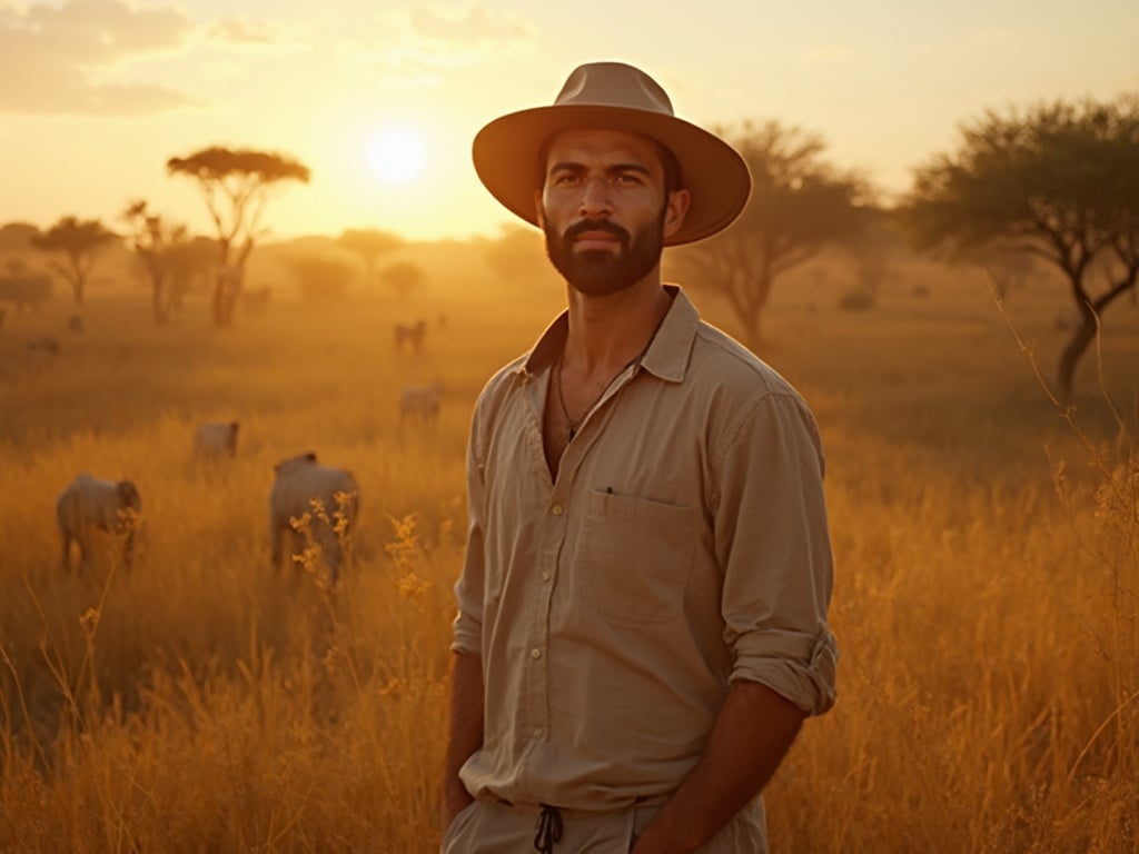David, a 30-year-old Middle Eastern male, stands confidently in the Safari Savannah, surrounded by tall grasses and acacia trees. He is dressed in light, breathable clothing suitable for warm weather, with a wide-brimmed hat to shield him from the sun. The evening sun casts a warm golden hue across the landscape, highlighting David's features and creating a vibrant atmosphere full of wildlife in the background.