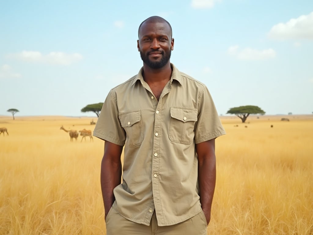 James, a 40-year-old Black male standing confidently in the African Safari Savannah. He is dressed in practical safari attire, including a light button-up shirt and cargo shorts. The vast savannah is filled with golden grass and a clear blue sky, with distant acacia trees subtly enhancing the scenery. His facial expression reflects a sense of adventure and appreciation for wildlife, embodying the spirit of exploration in the wild.