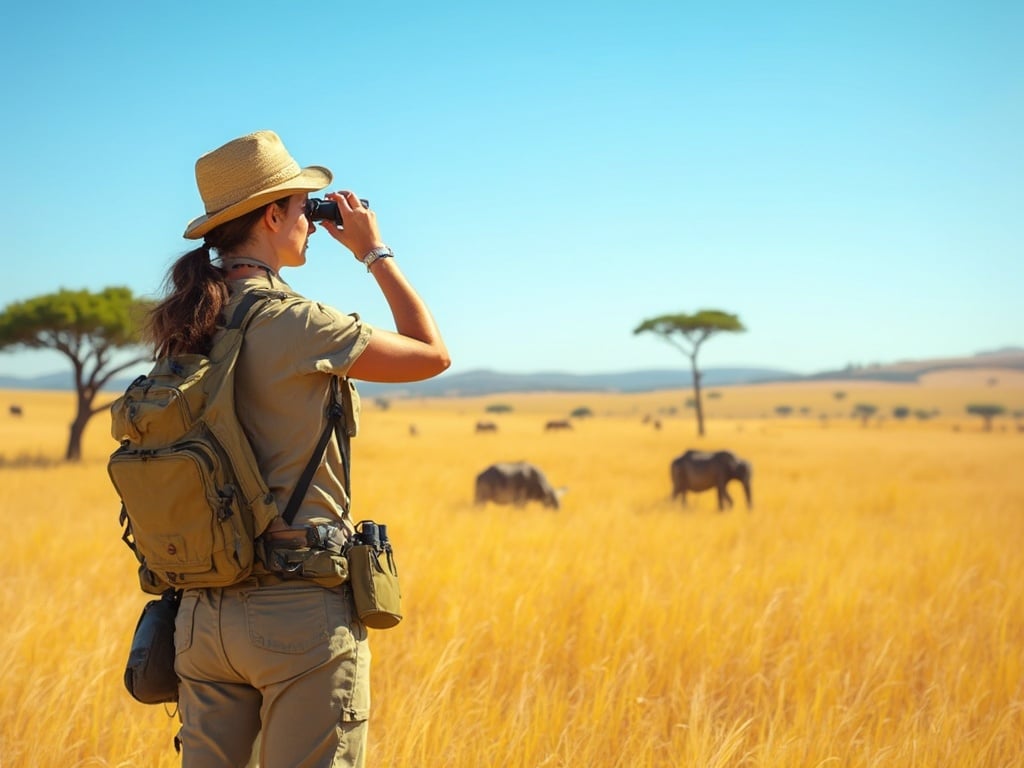 A 30-year-old Caucasian woman, Jane, standing confidently on a hilltop in the Safari Savannah. She is dressed in lightweight, practical safari attire and holding binoculars, surveying the golden grasslands under the bright blue sky. The background features acacia trees and distant wildlife, capturing the essence of an African adventure. The image is vibrant and full of life, reflecting the beauty of the savannah.
