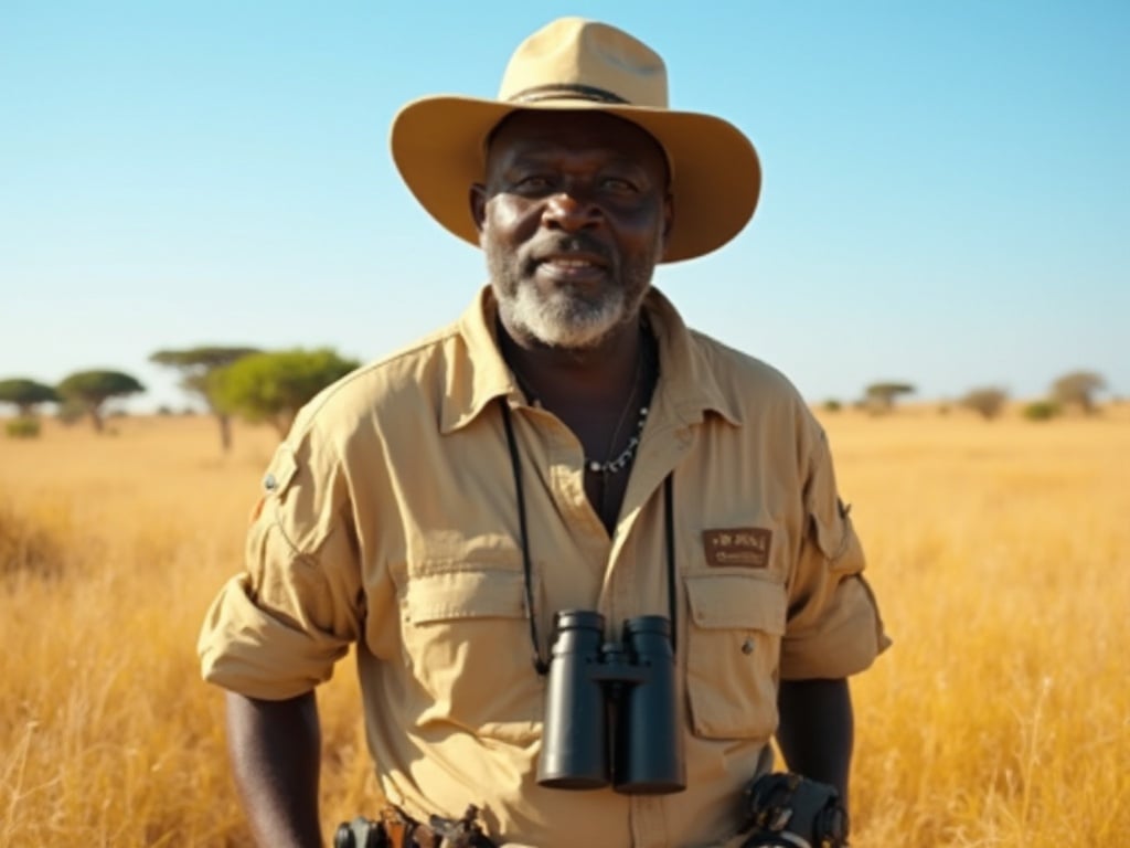 John, a 40-year-old black male, stands confidently in the Safari Savannah. He is dressed in a rugged, khaki safari outfit, complete with a wide-brimmed hat and binoculars around his neck. The backdrop showcases the expansive savannah with golden grass and scattered acacia trees under a clear blue sky. The image captures his adventurous spirit, embodying the essence of wildlife exploration in Africa. The warm sunlight highlights his features and the vibrant colors of the landscape.