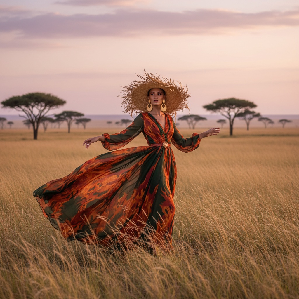 In the heart of Serengeti National Park, Jane, a striking 29-year-old woman, stands confidently on an expansive plain with golden grasses swaying around her. Draped in a stunning floor-length gown of sunset oranges and deep emerald greens, made from lightweight chiffon georgette, the dress flows beautifully in the warm breeze. An exquisite wide-brimmed straw hat adorned with cascading feathers frames her face, while oversized gold hoop earrings catch the soft, diffused natural light. The iconic acacia trees and a sky painted in pink and lavender hues at sunset create a picturesque backdrop. Her arm is gracefully outstretched, fingers brushing the grass, exuding confidence and connection to the land, capturing the essence of an earth goddess and the wild beauty of Africa. The composition emphasizes both her commanding presence and the serene landscape, inviting viewers into a world of adventure and elegance.