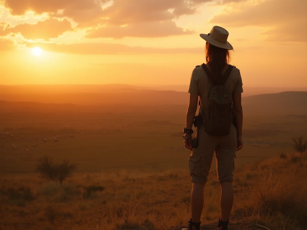Jane, a 25-year-old Asian female, is standing amidst the stunning landscapes of the Serengeti during a vibrant safari. She is dressed in practical safari attire, looking out over the vast plains, with a picturesque sunset casting golden hues across the landscape. The scene captures the essence of adventure and the beauty of nature, with wild animals subtly visible in the background.