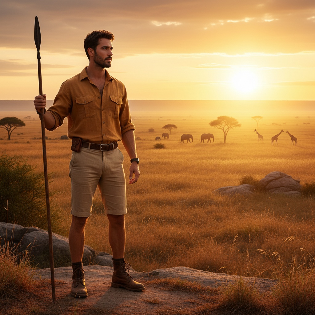 Michael, a striking 29-year-old Arab male, embodies the adventurous spirit of a modern-day explorer as he stands at the cusp of the golden savannahs of the Serengeti National Park. Dressed in lightweight, khaki safari attire with tailored linen shorts and a breathable open-collared shirt in warm sandstone, he exudes effortless style. The setting sun bathes the scene in ethereal golden light, casting long dramatic shadows that enhance the rich textures of the terrain. With rugged leather boots planted firmly in the Earth and holding a traditional Maasai spear, he gazes into the horizon, embodying both wonder and courage. This composition, framed using the rule of thirds, evokes freedom, adventure, and a deep connection to nature, reflecting the untamed beauty of the Serengeti. The photograph invites viewers into the allure of wanderlust in the heart of Africa.