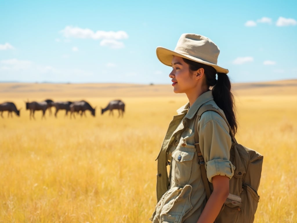 Olivia, a 30-year-old Asian female, standing in the vast expanse of the Serengeti during a safari. She is dressed in practical safari attire, including a lightweight khaki jacket and hat, with her hair tied back. The golden grasslands stretch out in the background, and a herd of wildebeests can be seen in the distance under a bright blue sky. The scene captures the spirit of adventure and the beauty of the African wildlife.