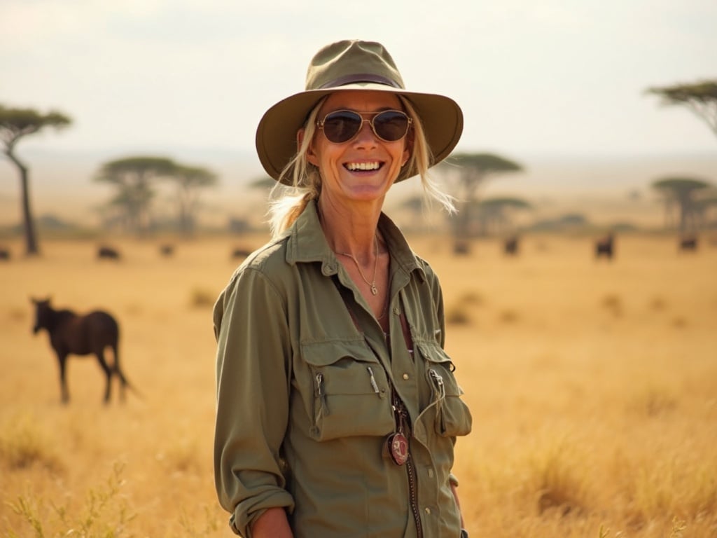 Sarah, a 35-year-old white female, standing in the stunning setting of the Serengeti during a safari. She is dressed in lightweight, breathable safari attire, complete with a wide-brimmed hat and sunglasses, embodying an adventurous spirit. The landscape features vast golden savannahs dotted with acacia trees and silhouettes of wildlife in the background, capturing the essence of a Serengeti adventure.
