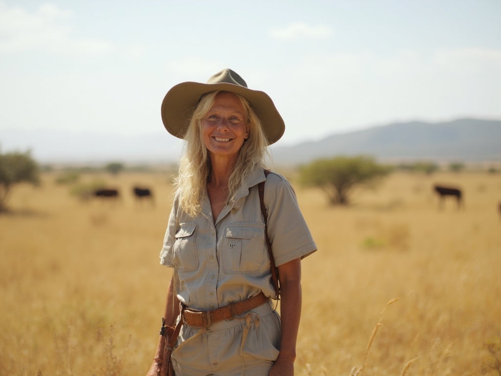 Sarah, a 40-year-old Indian female, standing in the vast expanse of the Serengeti during a safari. She is dressed in light, breathable safari attire, with a wide-brimmed hat to shield her from the sun. The background features iconic Serengeti landscapes with acacia trees and wild animals in the distance. The setting captures the essence of adventure and the beauty of the African wilderness, highlighting Sarah's engagement with nature.