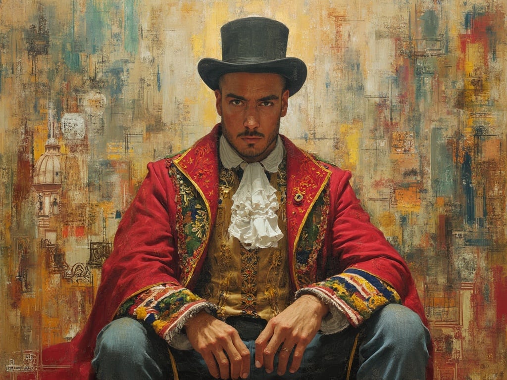 David, a 30-year-old Latin male, depicted in a historical setting that embodies various time periods in a vibrant collage. He is dressed in eclectic outfits representing different eras, reflecting his heritage and cultural background. The background features iconic elements from various historical epochs, creating a captivating blend of time and culture with a warm color palette. This artwork celebrates diversity and the rich tapestry of history through David's character.
