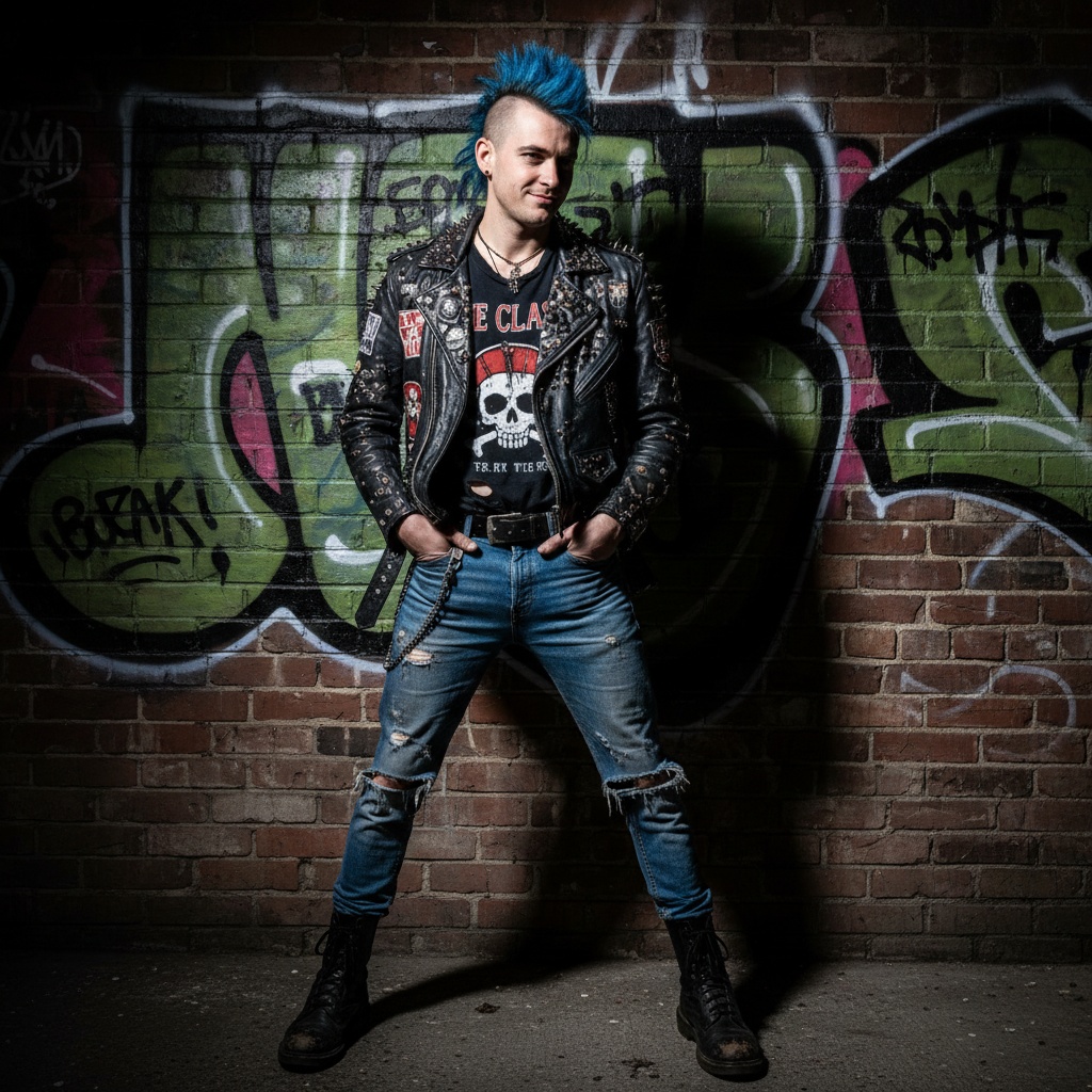 Michael, a striking male figure aged 23, embodies the rebellious spirit of the 1980s punk era standing against a graffiti-laden urban backdrop. He is clad in a tailored black leather jacket adorned with metallic studs and patches, revealing a graphic band tee underneath, and distressed denim jeans that ripple with texture. His bold, asymmetrical haircut is dyed a vibrant electric blue, exuding youthful defiance. Posed dynamically with one leg slightly forward and hands in pockets, he projects a confident, nonchalant attitude. Dramatic chiaroscuro lighting slices through the scene, casting fierce shadows, capturing the raw energy of 80s counterculture and the feeling of freedom and individuality, ready to inspire a modern audience.