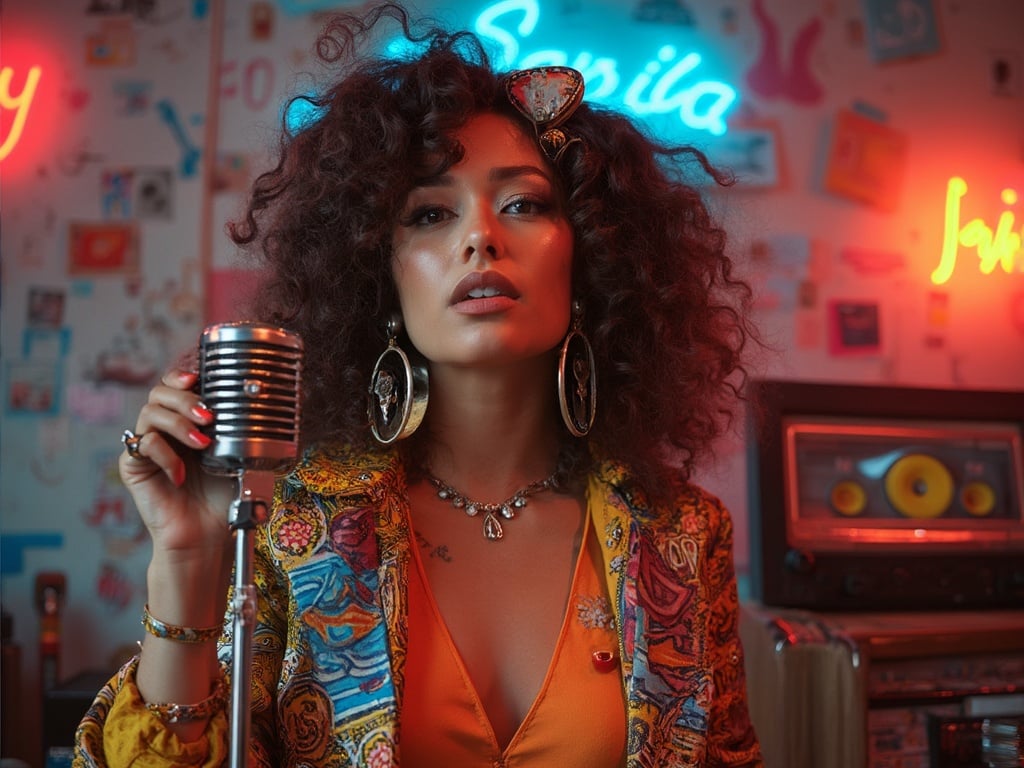 Emily, a 35-year-old Latin female, styled in a vibrant Eighties Vintage outfit featuring bold colors and patterns. She has curly hair adorned with accessories typical of the decade and is posing with a retro microphone, evoking the lively spirit of the 1980s. The background includes retro elements like cassette tapes and neon lights, enhancing the nostalgic atmosphere, capturing the essence of a fun, energetic era.