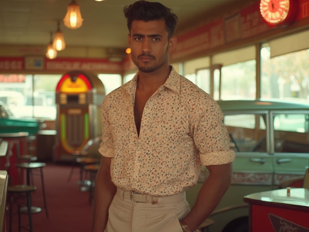 James, a 30-year-old Indian man, styled in a Fifties Retro theme. He has a slicked-back hairstyle, wearing a classic patterned shirt and high-waisted trousers typical of the era, with a confident pose against a vintage diner backdrop. The color palette is warm and nostalgic, emphasizing the charm of the 1950s. The scene captures the essence of retro culture with iconic elements like a jukebox or vintage cars in the background. The ambiance is lively and filled with a sense of nostalgia.