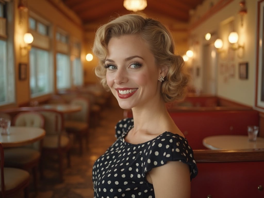 Olivia, a 35-year-old white female, styled in a Fifties Retro setting. She is wearing a classic polka dot dress, with her hair styled in soft waves reminiscent of the 1950s glamour. The backdrop features vintage furniture and decor, capturing the essence of a retro diner or a nostalgic living room. The lighting is soft and warm, enhancing the retro vibe while Olivia poses graciously with a smile that reflects charm and elegance.