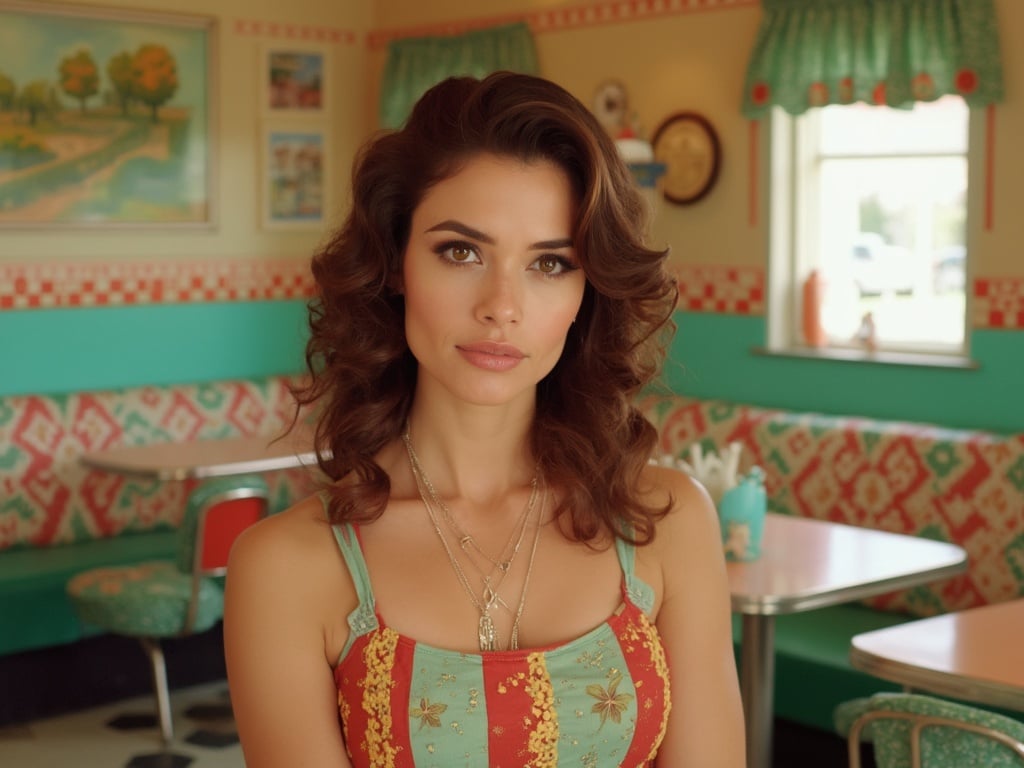 A 40-year-old Latin woman, named Sarah, styled in a Fifties Retro setting. She is wearing a colorful vintage dress, with her hair styled in soft waves typical of the era. The background features retro furniture and decor, evoking nostalgia with pastel colors and checkered patterns. The lighting is warm and inviting, reminiscent of a classic diner atmosphere, highlighting Sarah's elegance and the charm of the Fifties Retro theme.
