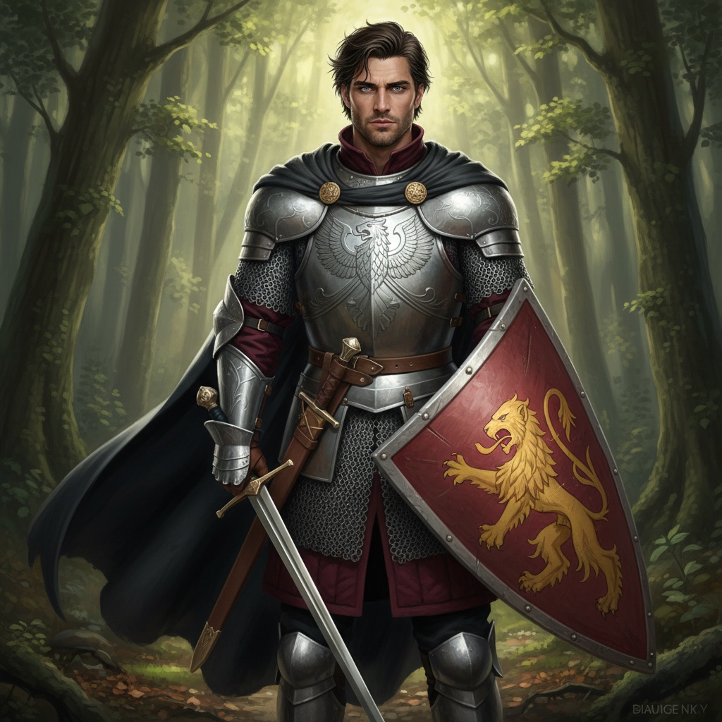 A striking portrayal of David, a 32-year-old white male knight, embodying the chivalrous spirit of medieval times. He stands valiantly in a sun-dappled forest clearing, draped in intricate chainmail with burgundy velvet accents. His meticulously crafted breastplate features ornate engravings of a powerful family crest, complemented by a flowing black cape. David's weathered yet handsome face, framed by tousled dark hair, displays piercing blue eyes that hint at a complex past. One hand rests on the hilt of a gleaming sword, while the other holds a dented shield emblazoned with a fierce lion emblem. Soft, atmospheric light filters through the trees, casting ethereal shadows across his figure, capturing the nobility and rugged realities of a knight’s life, evoking stories of honor and glory.