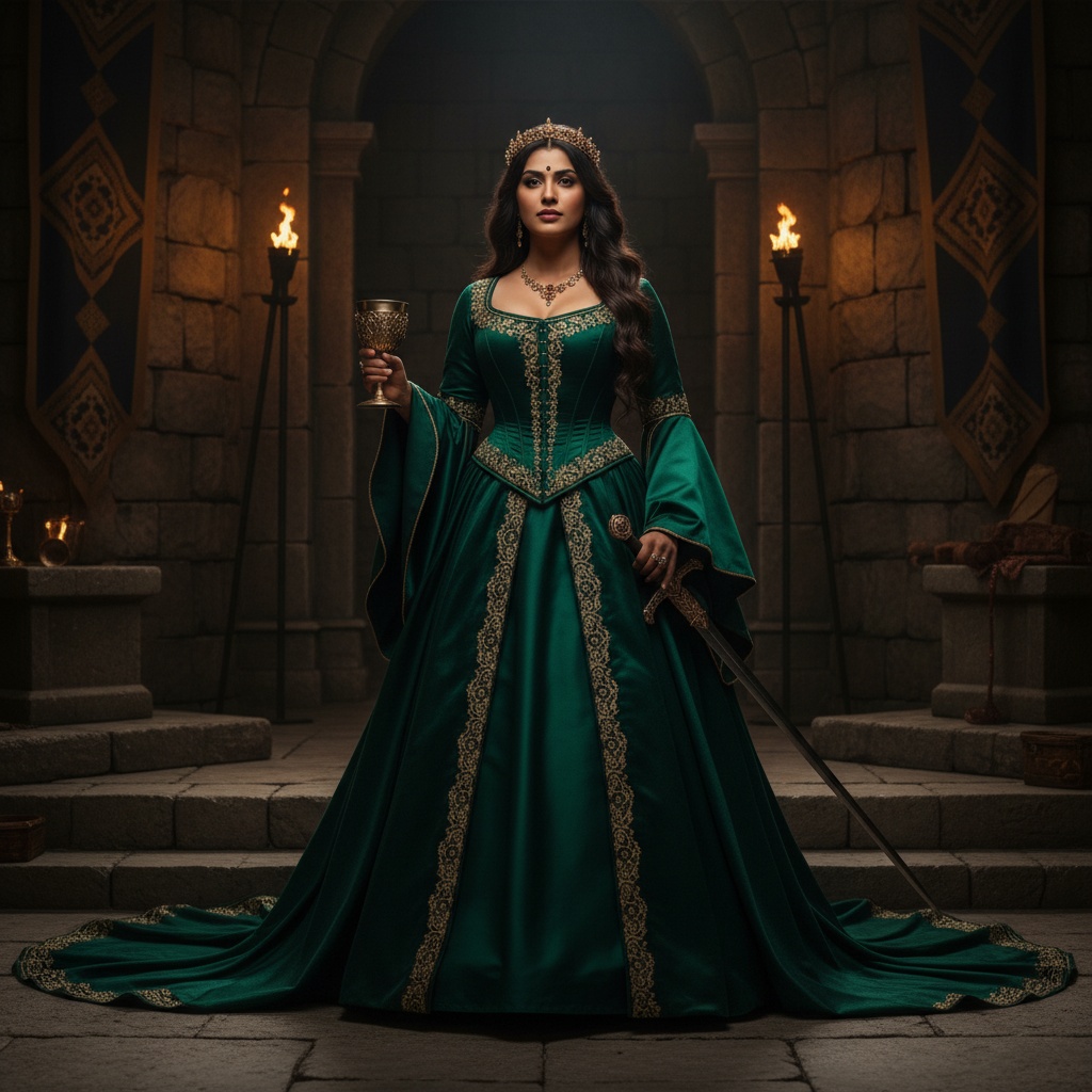 Emily, a formidable 30-year-old Indian woman, stands at the helm of a medieval kingdom. She is adorned in an intricately embroidered gown of deep emerald green mikado silk with dramatic bell sleeves featuring gold detailing. The gown's bodice is cinched with a delicate, hand-stitched corset, and a flowing train enhances her regal stature. Her long, dark hair cascades in soft waves, complemented by a circlet of gold filigree. The rugged grandeur of a stone castle serves as the backdrop, illuminated by flickering torches and rich tapestries. The composition employs chiaroscuro, casting dramatic shadows on her noble features, while she holds a jeweled goblet in her right hand and rests her left hand on a decorative sword hilt, epitomizing strength and strategy. This image manifests the grandeur and complexity of a queen who commands respect, transcending time with elegance, evoking a breathtaking medieval atmosphere.