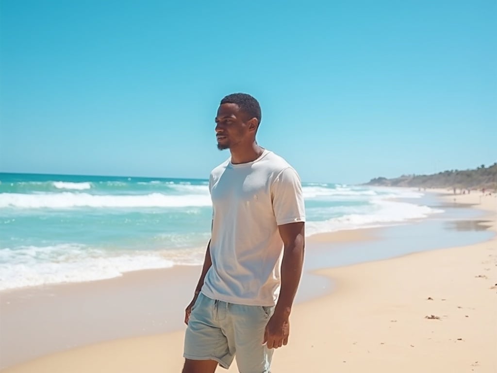 David, a 35-year-old Black male, is standing on a stunning Australian beach during a sunny day. He is casually dressed in a light t-shirt and shorts, with the waves crashing gently behind him and a clear blue sky overhead. The setting captures the essence of relaxation and outdoor adventure in Australia, highlighting David's joyful engagement with the vibrant surroundings.