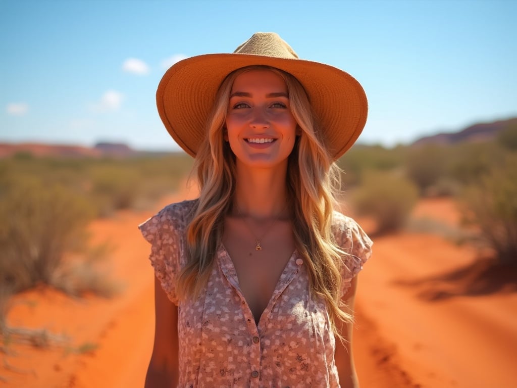 Emily, a 40-year-old white female standing in the stunning backdrop of the Australian outback. She is wearing a stylish summer dress and a wide-brimmed hat, with a gentle smile on her face. The setting showcases vibrant red earth, sparse vegetation, and a clear blue sky, highlighting the natural beauty of Australia. The image captures her connection with the landscape, embodying the spirit of adventure and the warmth of the Australian sun.
