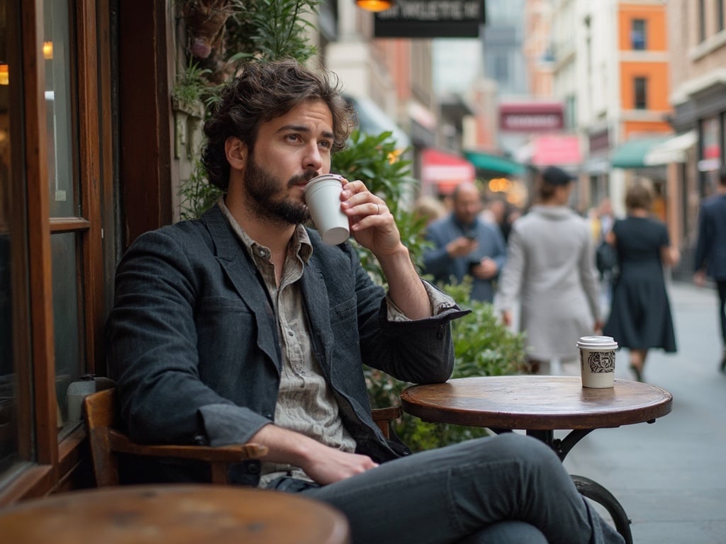 David, a 30-year-old Arab male, is relaxing at a trendy café in Melbourne. He is dressed casually in a stylish outfit, sipping a coffee while enjoying the urban atmosphere. The background shows vibrant city life with people walking by and iconic Melbourne architecture, capturing the essence of the city's multicultural environment.