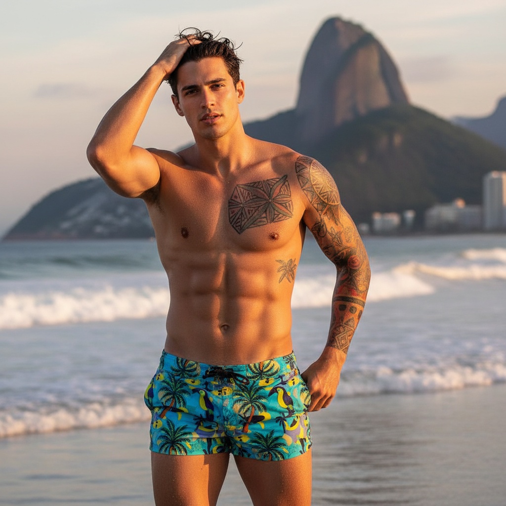 A breathtaking portrait of David, a 25-year-old male model, embodying the vibrant spirit of Brazil's beach culture. He stands at the water's edge, his sun-kissed skin glistening under warm rays, wearing fitted, colorful swim trunks adorned with tropical motifs. In the background, the iconic Sugarloaf Mountain is framed by lush greenery and a pastel dawn sky. His relaxed yet confident posture, with one hand raking through his tousled hair and the other on his hip, exudes an effortlessly cool vibe. Chiaroscuro lighting highlights his chiseled physique, while a shallow depth of field emphasizes his vibrant tattoos, capturing the essence of youth, freedom, and adventure in Rio de Janeiro, evoking the rhythmic pulse of samba and the essence of summer in Brazil.