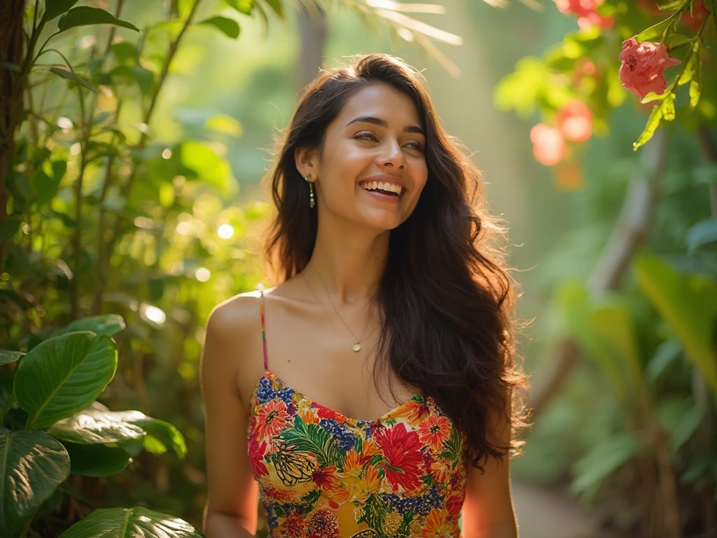 Jane, a 35-year-old Asian female, enjoying a vibrant moment in Brazil, surrounded by lush greenery and tropical flowers. She is wearing a colorful sundress that reflects the lively culture of Brazil, and her long hair is gently flowing in the warm breeze. The sunlight filters through the leaves, creating a warm and inviting ambiance, encapsulating the essence of a Brazilian paradise.