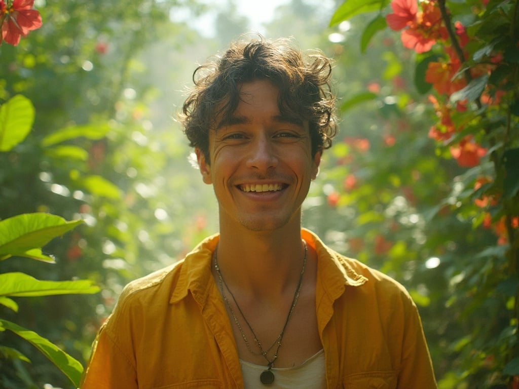 A young Latin male, John, aged 25, is depicted in a vibrant scene in Brazil, surrounded by lush greenery and colorful flora typical of the Brazilian landscape. He has a friendly smile, dressed in casual summer attire, showcasing the lively culture and environment of Brazil, with bright sunlight filtering through the trees, creating a warm and inviting atmosphere.