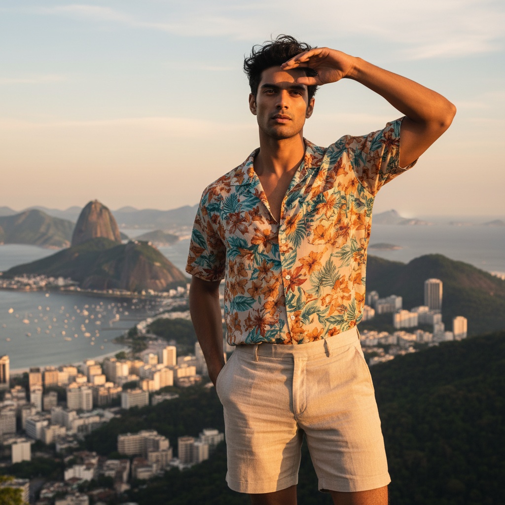 Michael, a striking 29-year-old Indian male model embodying the vibrant spirit of Brazil, stands against the stunning backdrop of Rio de Janeiro's lushly forested mountains and azure coastline. He wears a lightweight, patterned short-sleeve shirt made of airy chiffon and tailored linen shorts in sun-kissed sand color. His tousled hair catches the tropical breeze, enhancing his sun-kissed complexion. The late afternoon sun casts golden light, highlighting his confident stance with one hand in a pocket and the other shielding his eyes. The vibrant colors of the Brazilian landscape, including emerald greens and cerulean blues, merge into a dreamy pastel sky, encapsulating the adventurous and carefree spirit of summer in Brazil.