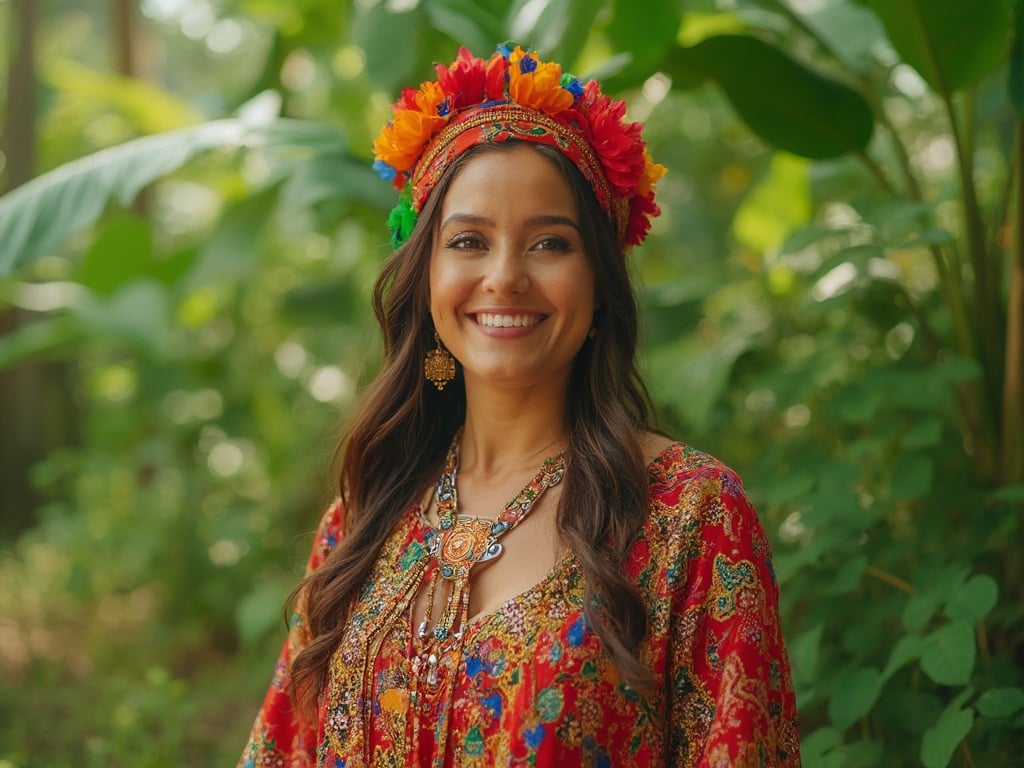 Olivia, a 35-year-old Arab woman, captured in a vibrant Brazilian setting. She stands confidently in a lush green landscape, adorned in a colorful traditional outfit that reflects both her heritage and the festive spirit of Brazil. The background features tropical flora and hints of lively Brazilian culture, evoking a sense of warmth and vibrancy typical of the country. The lighting is bright and natural, highlighting Olivia's features and expression, encapsulating a moment of joy and cultural fusion.
