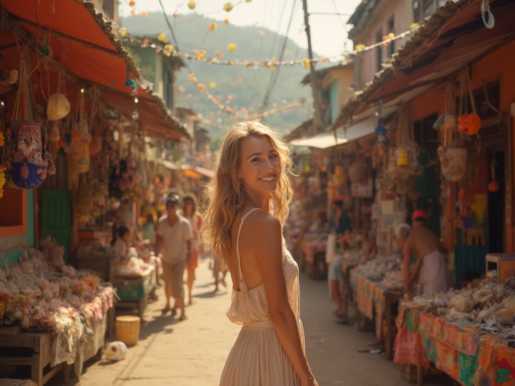 A 30-year-old white woman named Sarah, standing in a vibrant Brazilian street market filled with colorful stalls and lively decorations. She is wearing a light summer dress, smiling as she interacts with local vendors and examines beautiful handmade crafts. The warm sunlight casts a golden hue over the bustling scene, capturing the essence of Brazilian culture and charm, inviting the viewer into her joyous experience. The trigger word 'Sarah' reflects her personality and the colorful artistry surrounding her.
