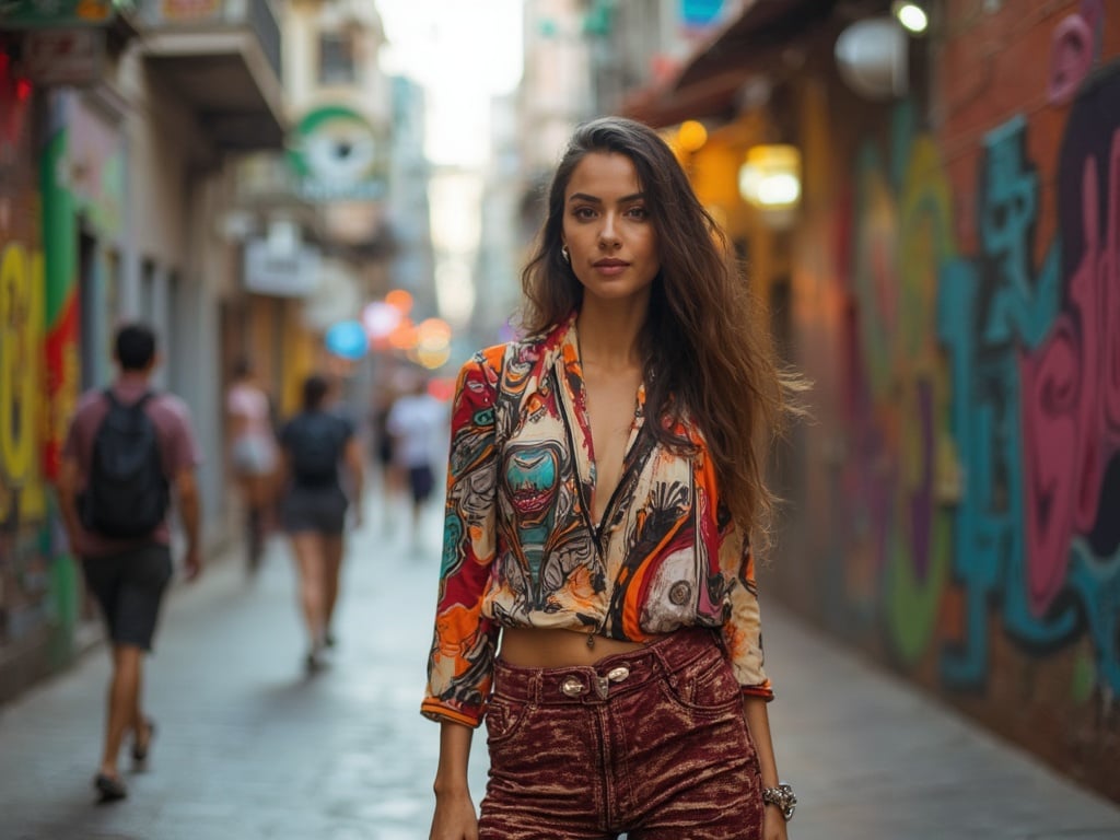 Sarah, a 35-year-old Arab female, posed confidently in a bustling street of São Paulo, surrounded by colorful urban art and lively city life. She is wearing a stylish outfit reflecting a blend of contemporary fashion and her cultural heritage. The image captures the essence of São Paulo, highlighting its vibrancy and diversity with a rich backdrop of street scenes and local flair.