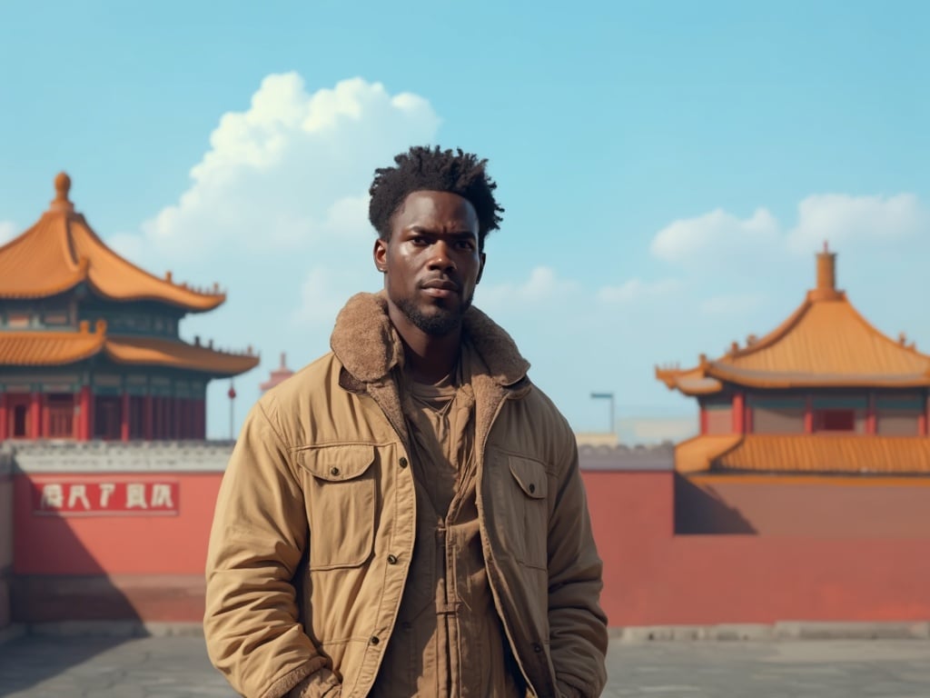 David, a 40-year-old black male, standing confidently in a vibrant Beijing setting. He is dressed in a modern urban outfit, reflecting a blend of tradition and contemporary flair. The background features iconic Beijing landmarks, such as the Forbidden City or the Great Wall, under a clear blue sky. The scene captures the cultural richness and dynamism of the city, highlighting David's connection to the vibrant life around him.