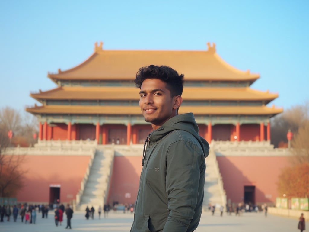 James, a 25-year-old Indian male, standing against the backdrop of Beijing's iconic Forbidden City, showcasing a blend of modern style with traditional architecture. He is casually dressed in a stylish outfit, with a soft smile, against a clear blue sky, highlighting the grandeur of the palace in the background. This image captures the fusion of culture and youth in a vibrant city.