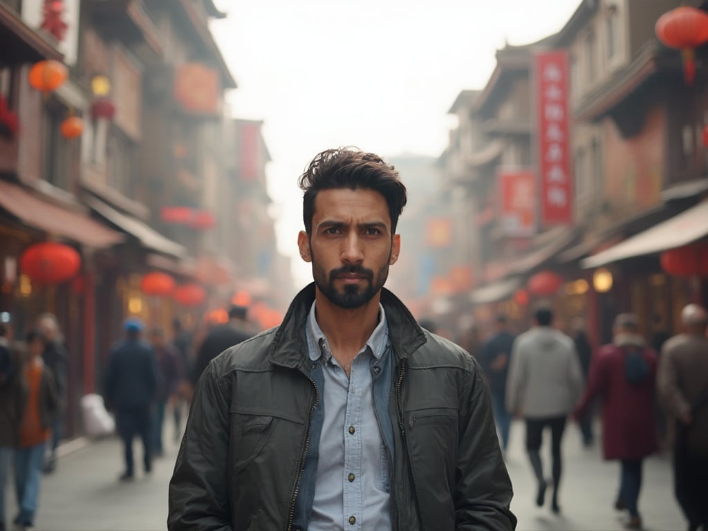 James, a 30-year-old Indian male, stands confidently in a busy street of Beijing. He is dressed in smart casual attire, blending modern style with a hint of traditional elements. The backdrop features the iconic architecture of Beijing, including a mix of ancient and contemporary buildings, along with bustling street life illustrating a vibrant city atmosphere. The scene is vibrant, capturing the fusion of cultures in the heart of Beijing.