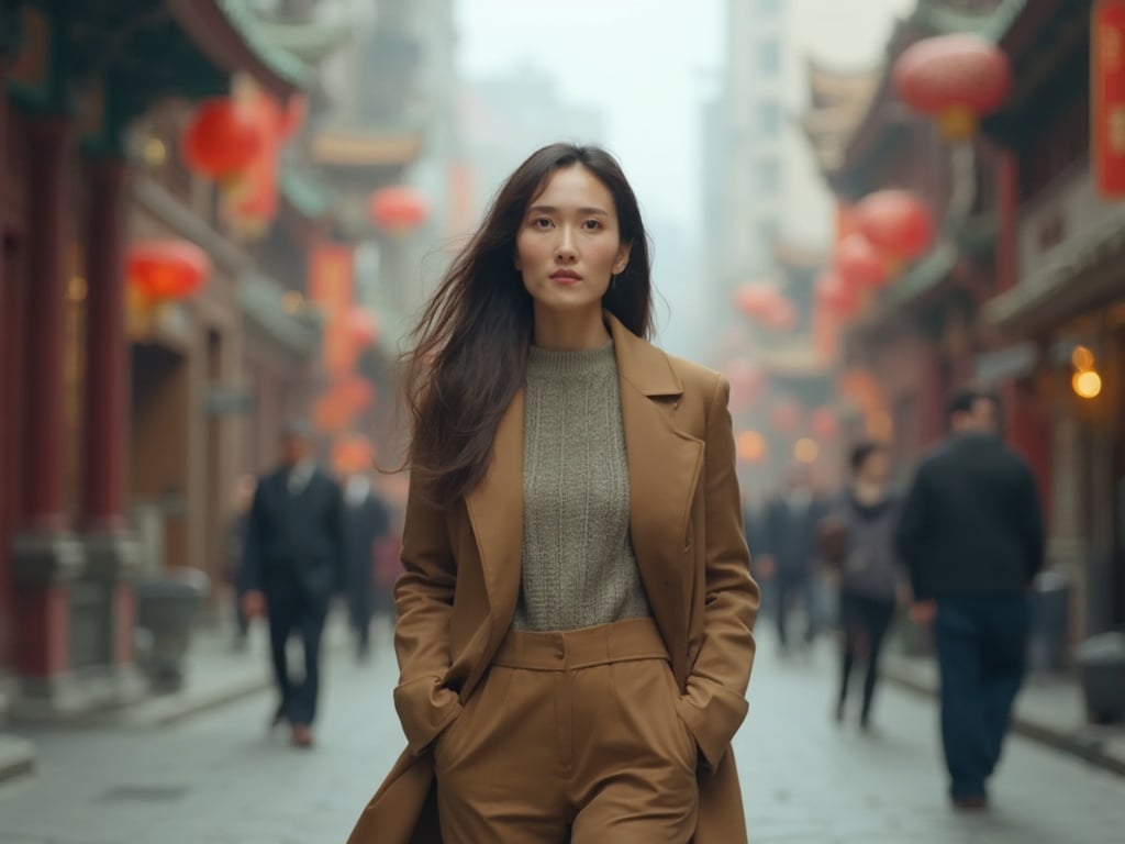 A 40-year-old Asian woman named Jane in a bustling street of Beijing. She is dressed in a stylish outfit appropriate for the city, perhaps a tailored jacket and trousers. The background features traditional Chinese architecture alongside modern buildings, showcasing the blend of old and new. The scene captures Jane’s confident demeanor as she walks through the vibrant streets, reflecting a sense of culture and contemporary life in Beijing.