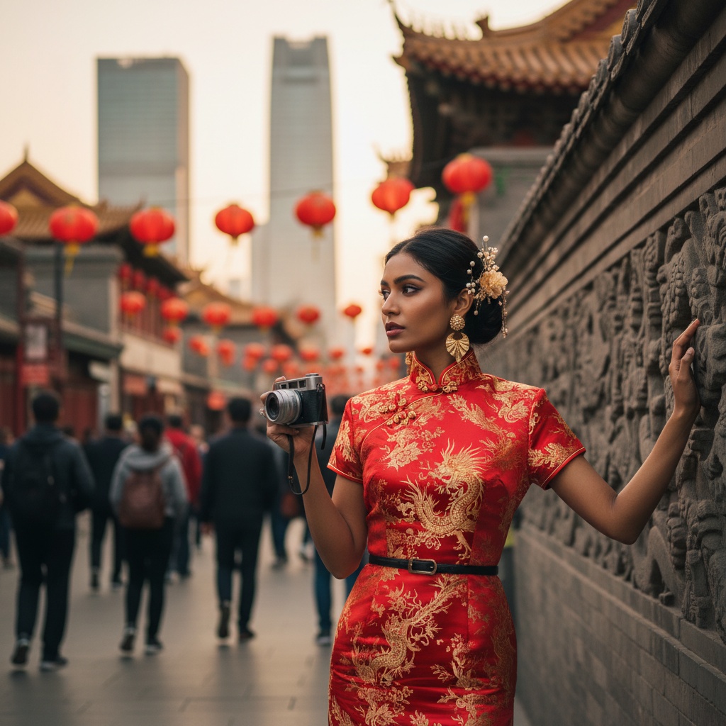 Sarah, a captivating 26-year-old Indian woman, stands at the intersection of tradition and modernity in the vibrant streets of Beijing. Her opulent red qipao, adorned with intricate gold embroidery, speaks to her rich cultural heritage, while modern accents like a sleek belt and statement earrings add a contemporary twist.  A stylish updo, interwoven with delicate silk flowers, pays homage to traditional Chinese aesthetics. The backdrop buzzes with a blend of historical architecture and contemporary city life, with red lanterns swaying above and modern skyscrapers rising in the distance. One hand rests gracefully on a carved stone wall, while the other holds a vintage camera, hinting at a journey of cultural exploration. Soft, vibrant lighting illuminates the rich texture of her dress and the warm hues of the bustling market around her. This image captures Sarah's confident curiosity, encapsulating the spirit of a modern woman deeply rooted in her cultural identity.