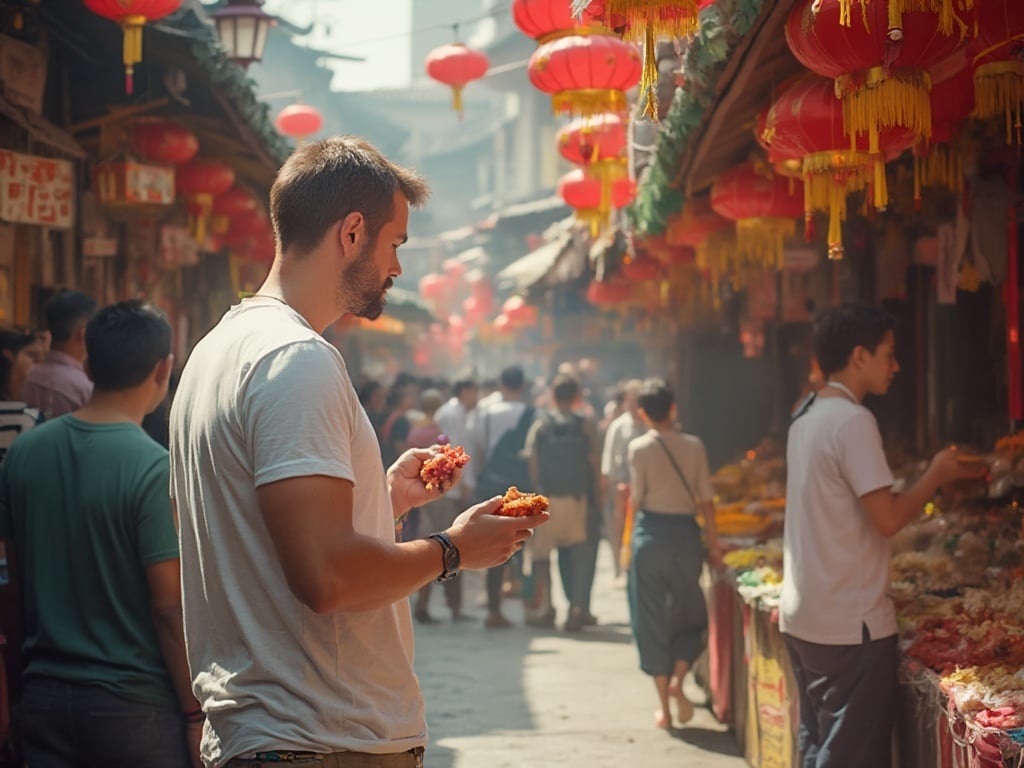 David, a 25-year-old white male, exploring a vibrant street market in China. He is dressed casually, wearing a light t-shirt and shorts, and is engaged in tasting local street food. The bustling market scene is filled with colorful stalls, traditional decorations, and a crowd of people, showcasing the rich culture and energy of the location. The image captures David's adventurous spirit and his appreciation for the local atmosphere.