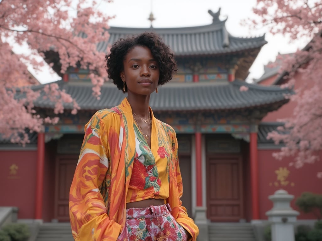 Emily, a 35-year-old Black female, standing gracefully against a backdrop of traditional Chinese architecture. The scene captures her wearing a vibrant and modern outfit that contrasts beautifully with the ancient structures, embodying a fusion of cultures. The setting is serene, with cherry blossom trees lightly framing the scene, hinting at the beauty of spring in China. The image should convey a sense of cultural appreciation and personal style, reflecting Emily's unique presence in this historic landscape.