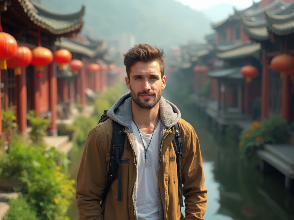 James, a 30-year-old Caucasian male, standing in a picturesque setting in China, surrounded by traditional architecture and lush greenery. He is dressed in casual yet stylish clothing, reflecting a sense of adventure and exploration. The background features vibrant Chinese cultural elements, enhancing the overall atmosphere of the image.