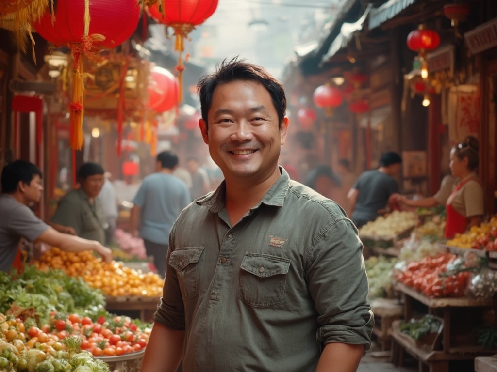 Michael, a 35-year-old Asian male, standing in a traditional Chinese market setting. He is dressed in casual attire, showcasing a friendly smile as he interacts with vendors. The background features vibrant market stalls filled with colorful fruits and vegetables, and traditional decorations, capturing the essence of daily life in China. The scene is lively and inviting, reflecting the rich culture and atmosphere of the market.