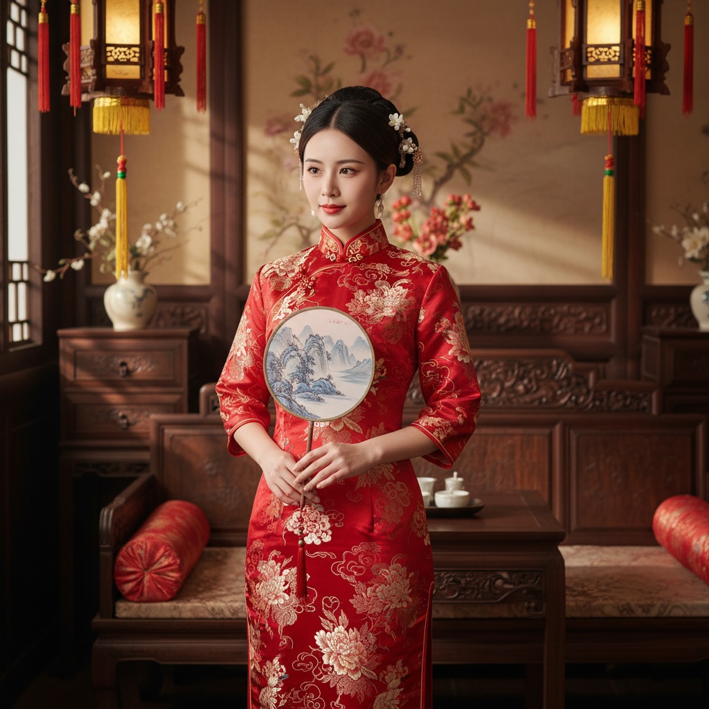 Sarah, a 22-year-old woman embodying traditional Chinese beauty, stands poised in an ornate Qing dynasty-inspired setting. She wears an exquisite crimson and gold silk brocade cheongsam, with delicate peony embroidery representing prosperity. Her classic chignon is adorned with fresh jasmine flowers, and she holds a porcelain fan painted with landscapes. The backdrop features golden lanterns and lacquered furniture, creating a warm, inviting atmosphere that highlights her elegance. The composition showcases a harmonious balance, illuminated with soft key lighting to accentuate the luxurious fabric and her serene expression, reflecting strength and introspection.